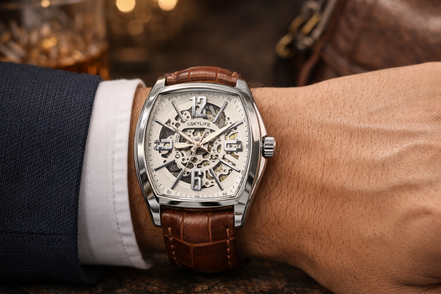 Panzo -Celestium Curve – Skeleton Automatic Leather Watch