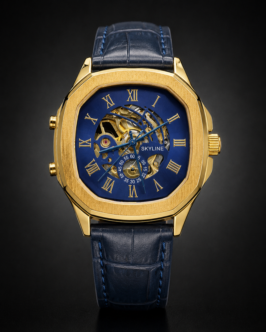Panzo Imperial Blue Skeleton Gold Watch
