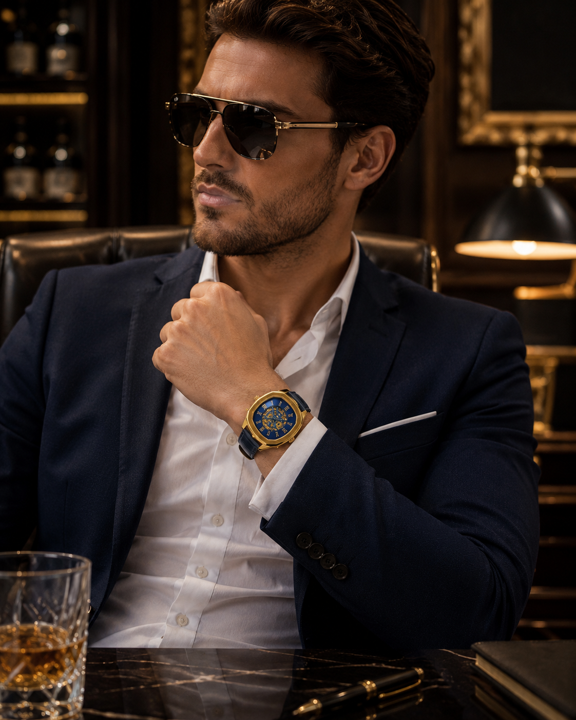 Panzo Imperial Blue Skeleton Gold Watch