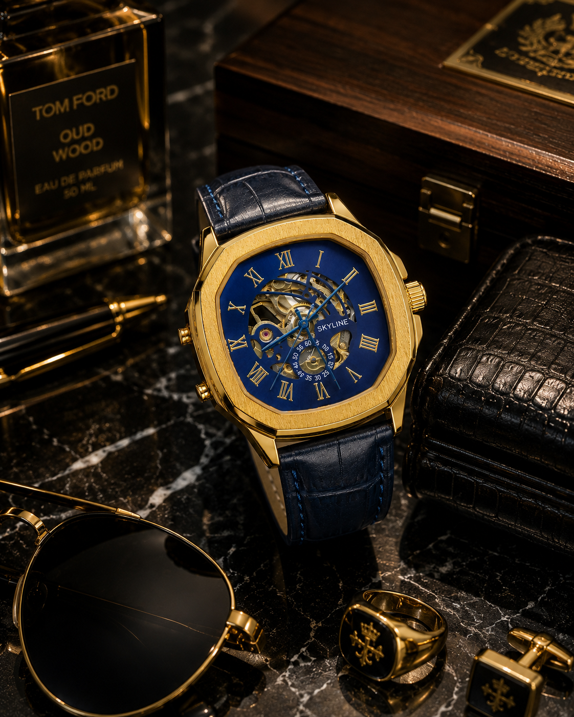 Panzo Imperial Blue Skeleton Gold Watch