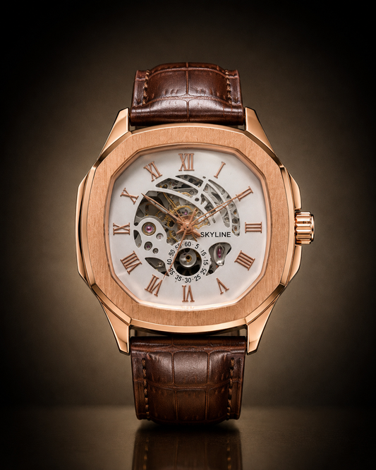 Panzo Roman Royale Skeleton Rose Gold Watch