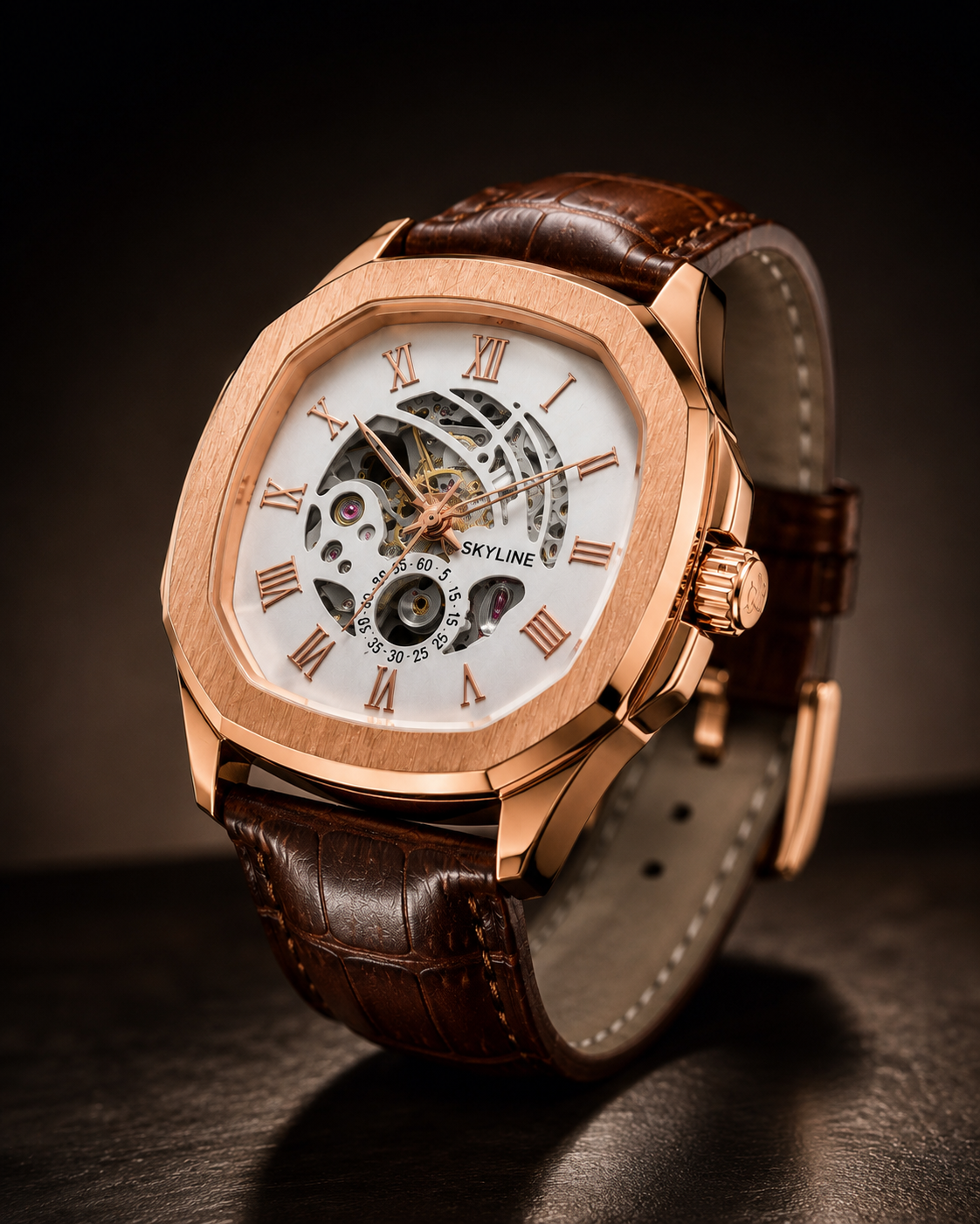 Panzo Roman Royale Skeleton Rose Gold Watch