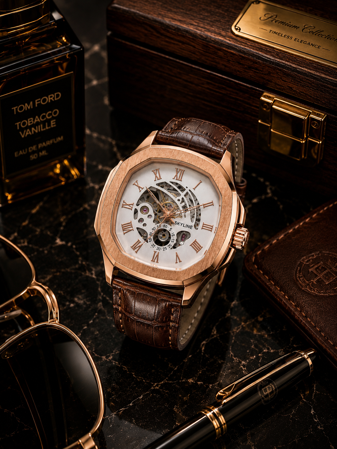 Panzo Roman Royale Skeleton Rose Gold Watch