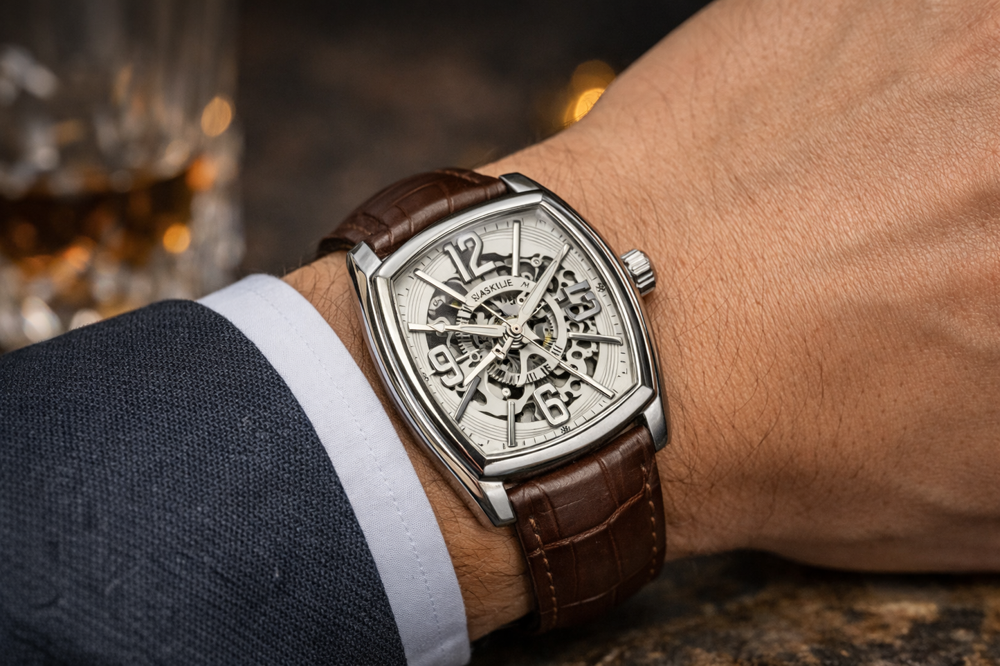 Panzo -Celestium Curve – Skeleton Automatic Leather Watch