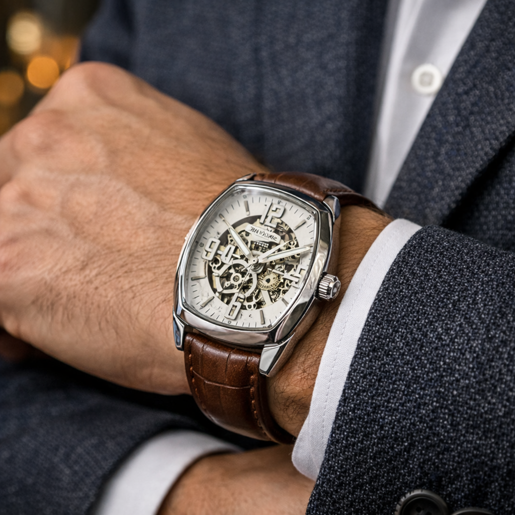 Panzo -Celestium Curve – Skeleton Automatic Leather Watch
